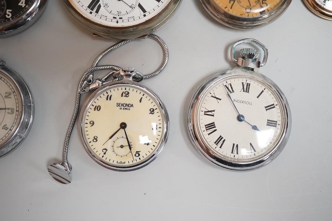 Eight assorted base metal pocket watches including 8 days, case diameter 65mm, a chrome cased Leonidas military, Ingersoll, Sekonda etc.